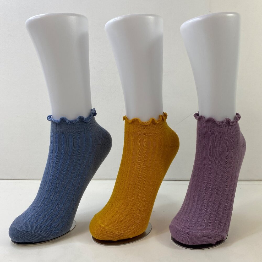 Womens Ankle Socks Set 3 Ruffled Edge Solid Blue Orange Purple